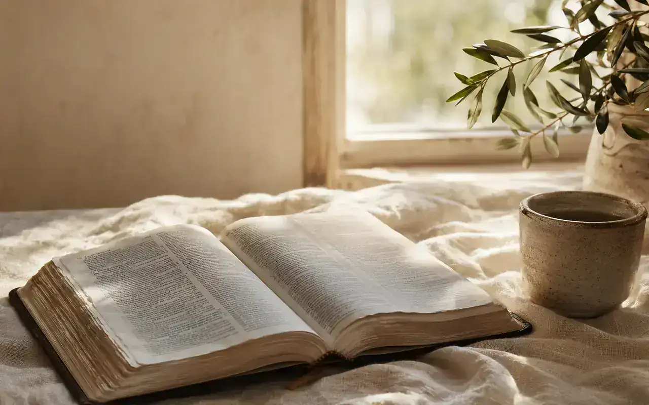 An open Bible beside an olive branch in warm morning light